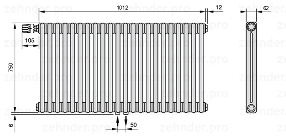 Схема (чертеж) Радиатор Zehnder Charleston 2075/22 №V007 Белый глянцевый RAL 9016